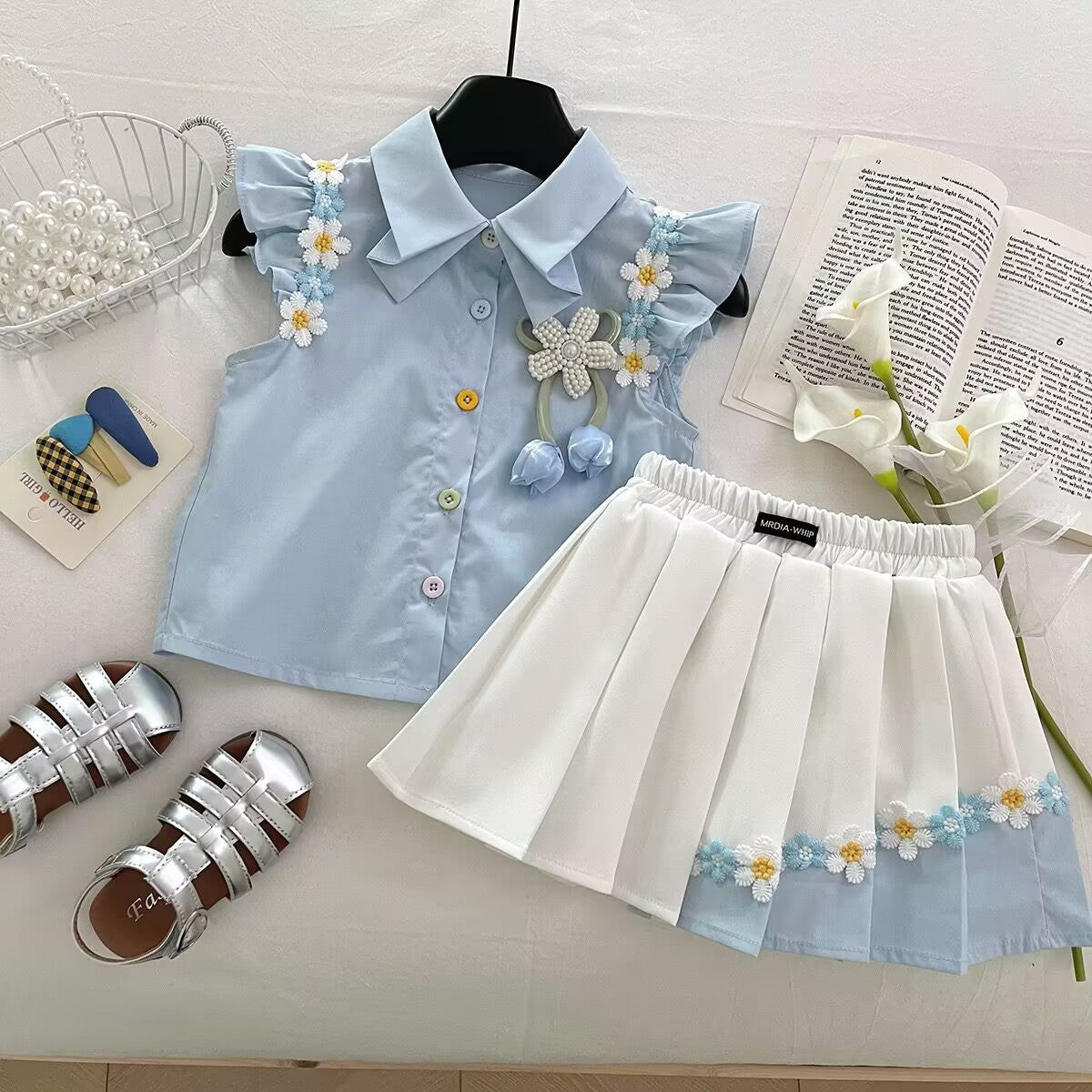 Blue Daisy Trim Shirt and Pleated Skirt Set – TYM-YWL-031