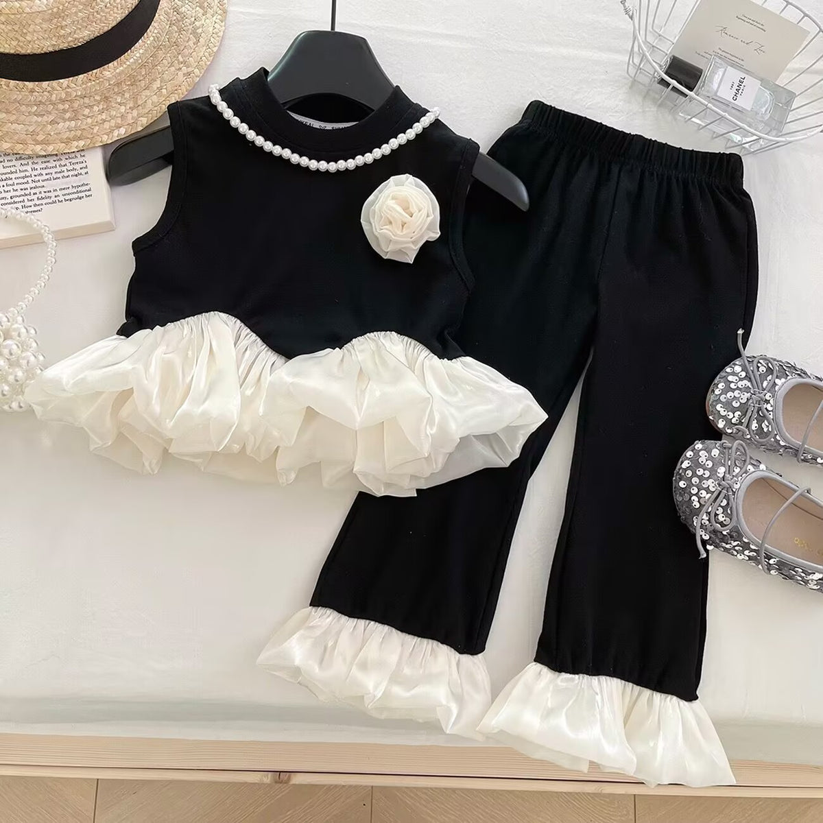 Black and White Ruffle Top and Flared Pants Set – TYM-YWL-004