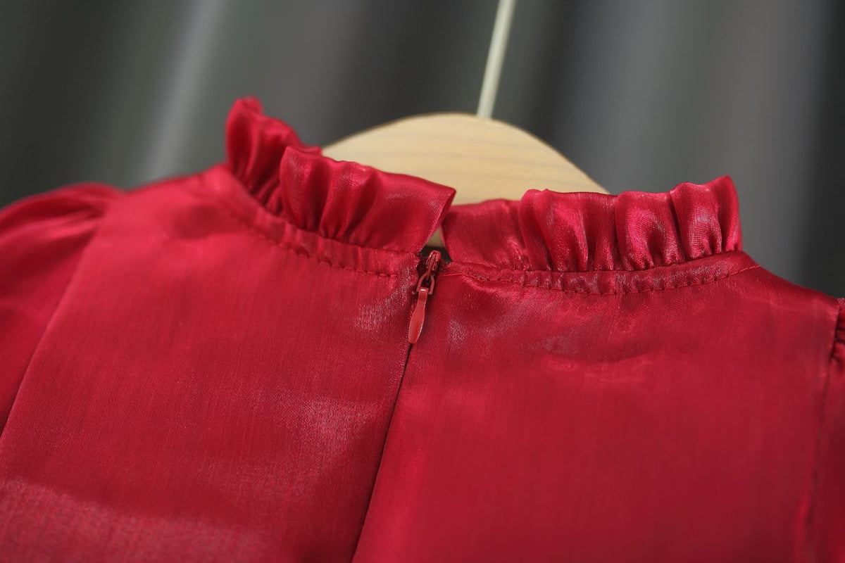Red Rosette Pearl Bow Long Sleeve Frock – TYM-WZX-064