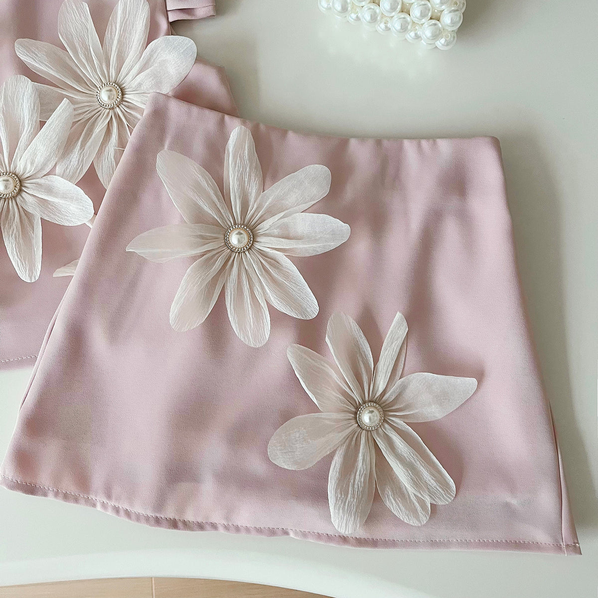 Pink 3D Pearl Flower Top and Skirt Set – TYM-YWL-027