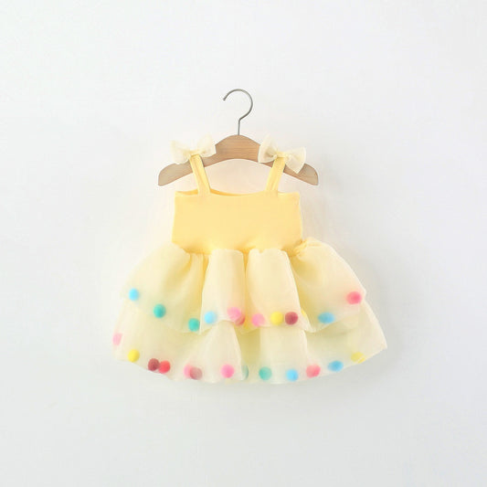 Lemon Yellow Pom-Pom Tiered Strap Frock – TYM-TZO-012
