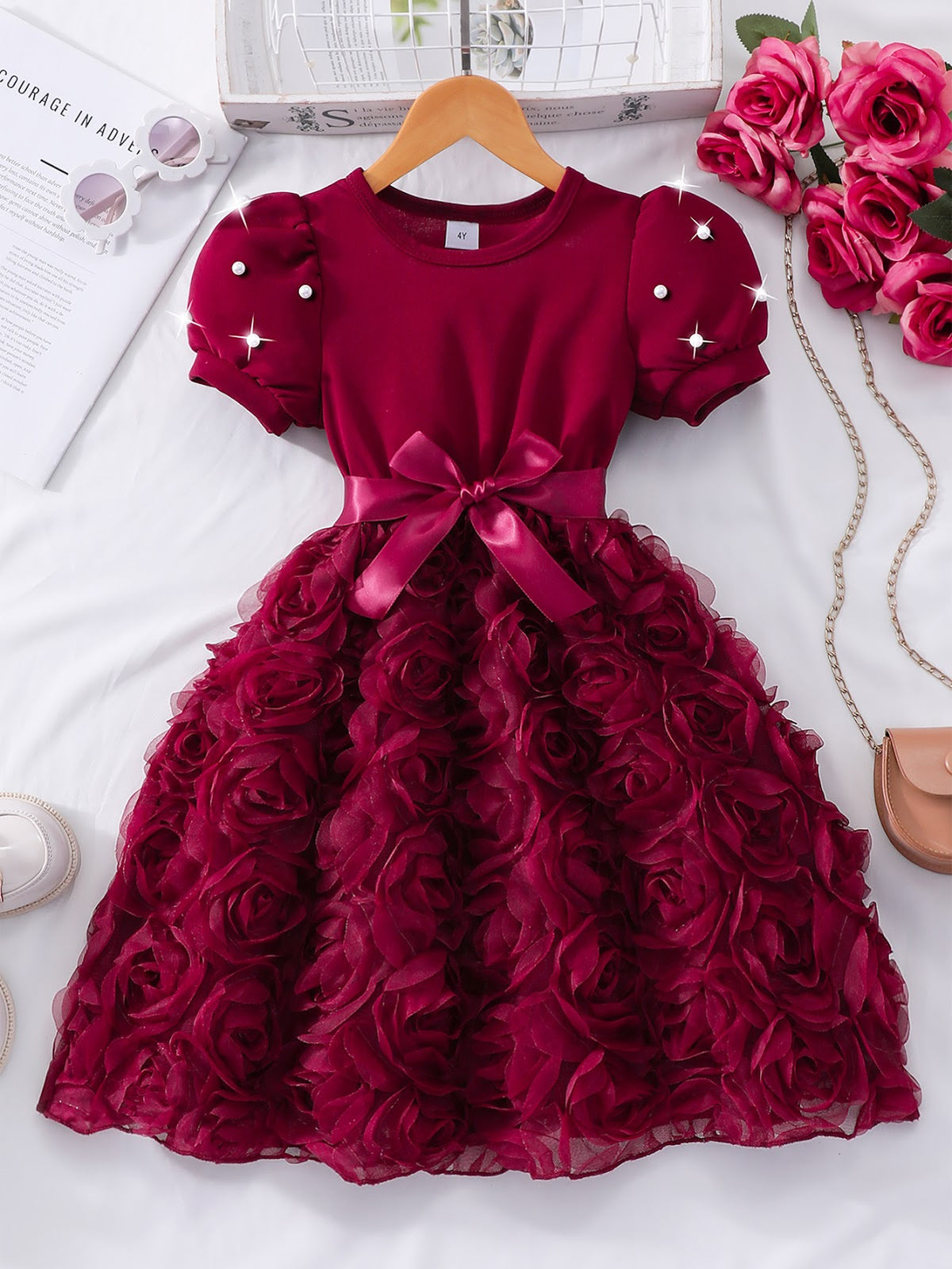 Wine Red Pearl Sleeve Rosette Skirt Frock – TYM-SZL-011