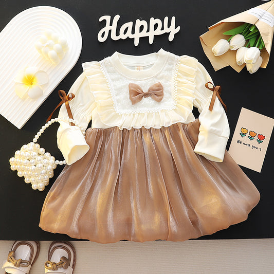 Cream & Caramel Lace Bib Shimmer Frock – TYM-CXM-093