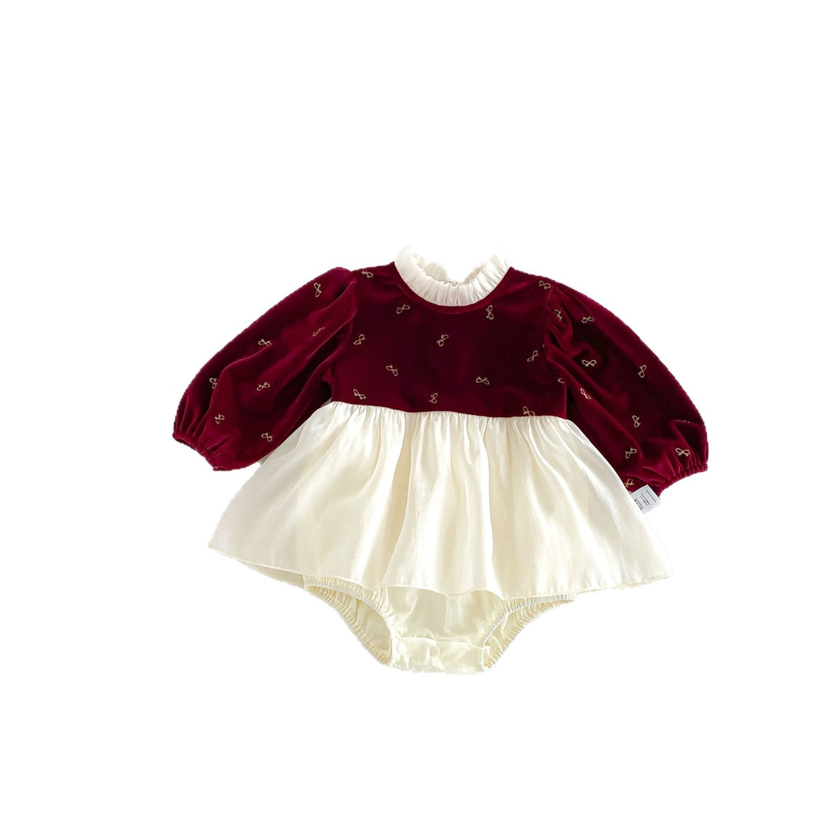Wine Red Velvet Bow Print Skirted Romper – TYM-FCN-006
