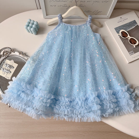 Sky Blue Sequin Tulle Ruffle Hem Sundress – TYM-YWL-036