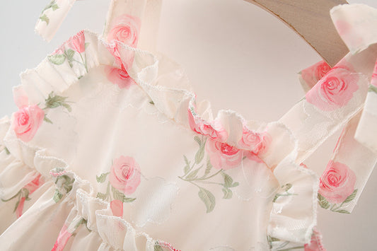 Cream Pink Rose Print Ruffle Sundress – TYM-WZX-005