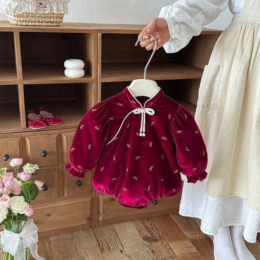Wine Red Velvet Mandarin Collar Bubble Romper – TYM-FCN-011