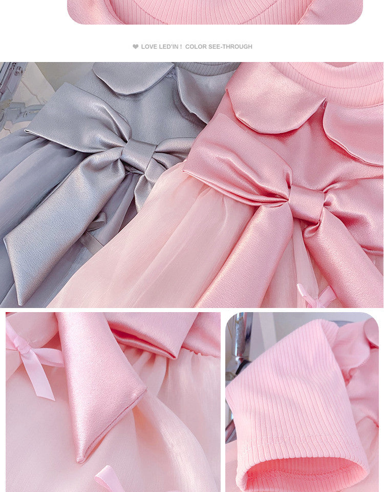 Silver Grey Petal Collar Satin Bow Bubble Frock – TYM-CXM-068