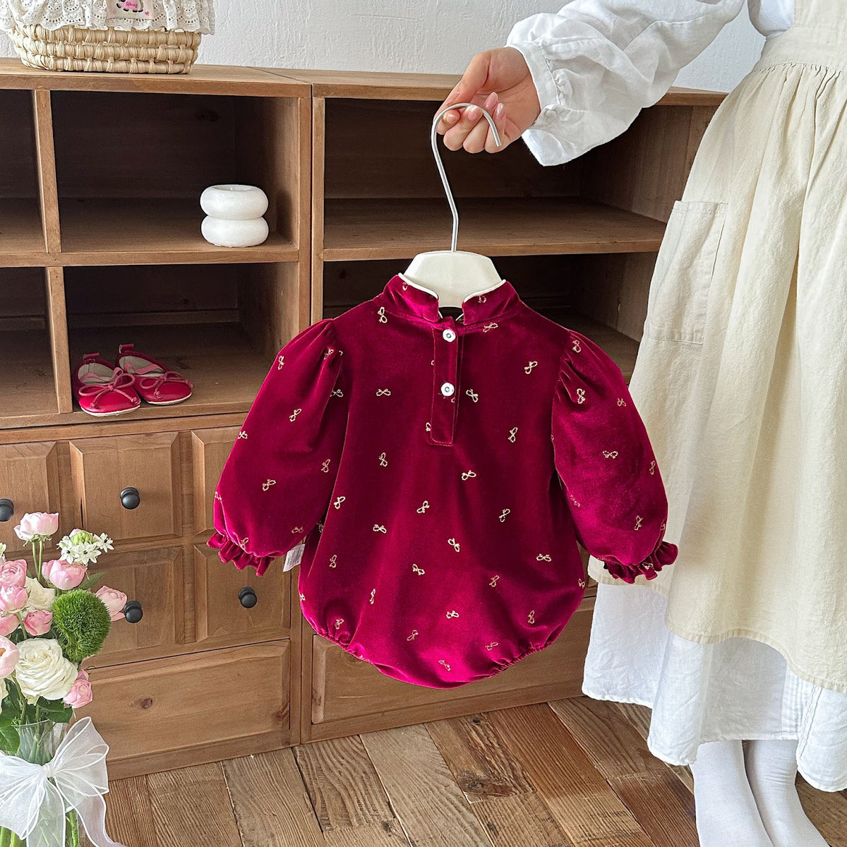Wine Red Velvet Mandarin Collar Bubble Romper – TYM-FCN-011