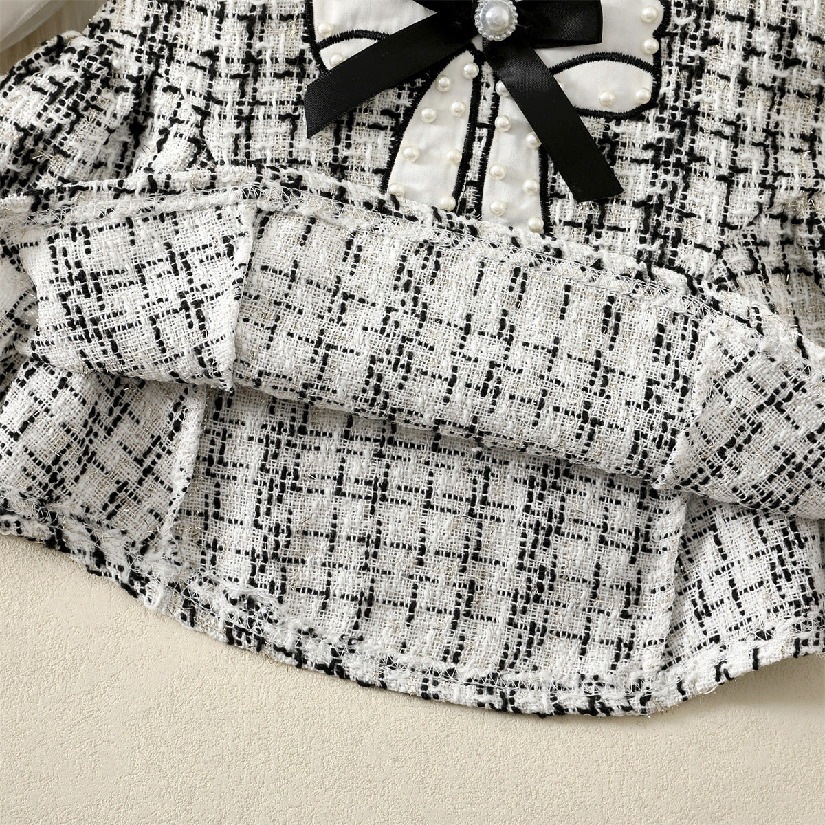 White Tweed Pearl Bow Long Sleeve Frock – TYM-WZX-047
