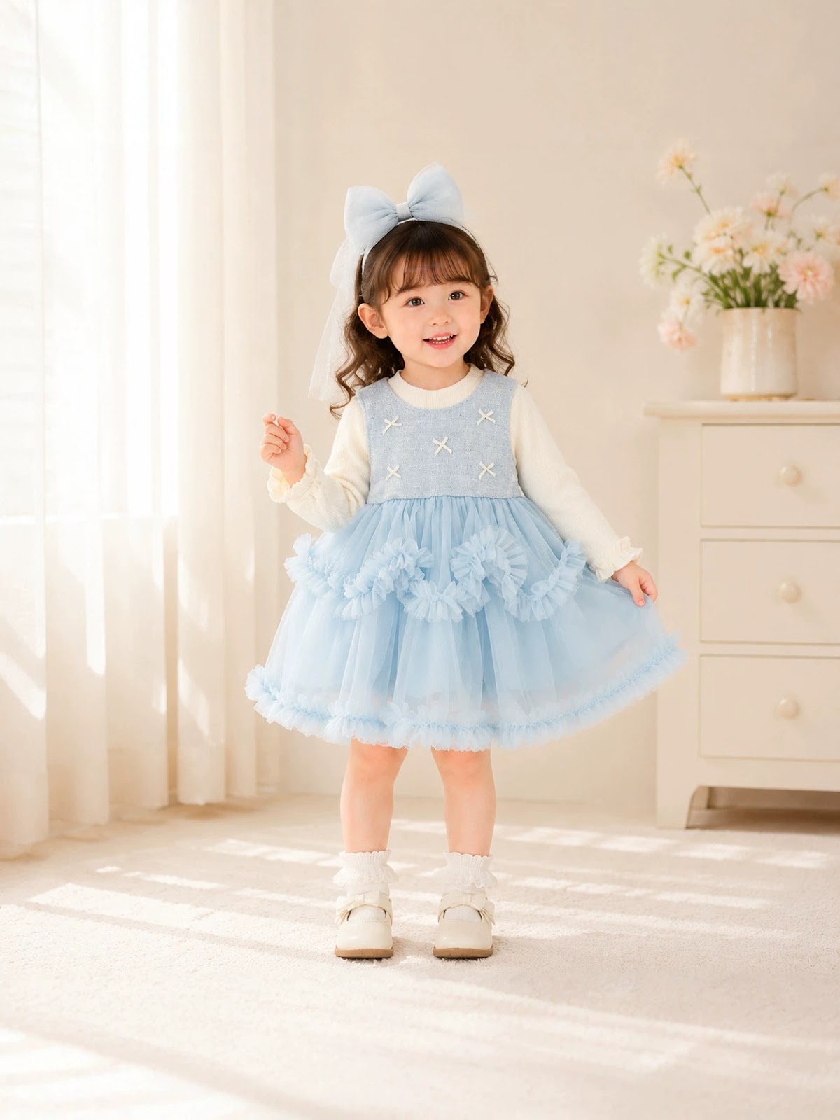 Sky Blue Pearl Bow Ruffle Tulle Frock – TYM-CXM-096