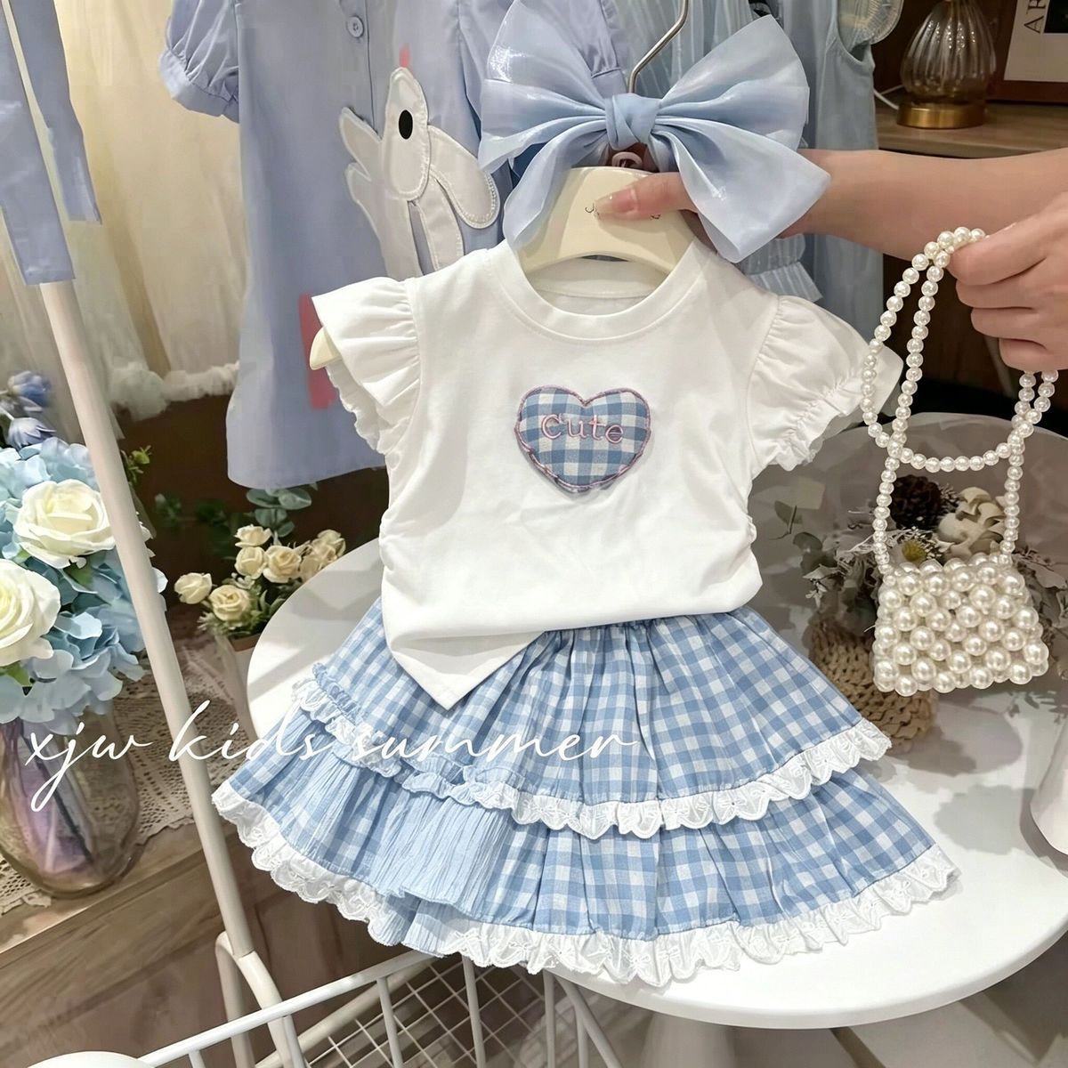 Blue Gingham Heart Top & Skirt Set – TYM-CXM-016