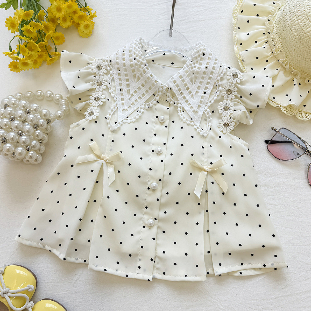 Cream Polka Dot Lace Collar Bow Flutter Frock – TYM-YWL-057