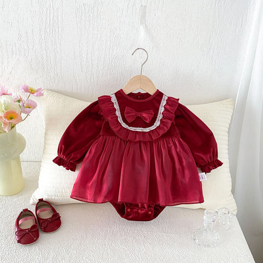 Wine Red Ruffle Bib Skirted Romper – TYM-FCN-008