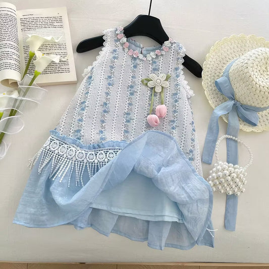 Blue Floral Lace Pearl Flower Frock – TYM-YWL-009