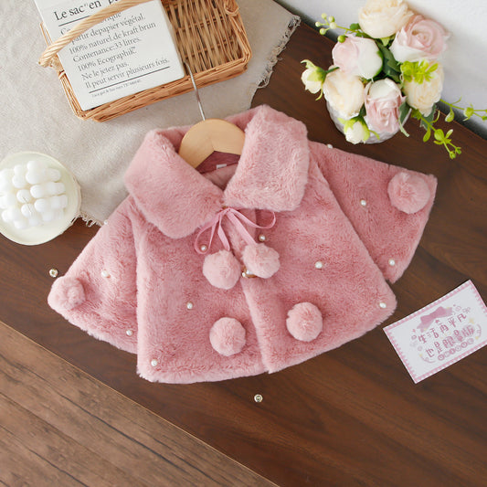 Dusty Pink Plush Pom-Pom Pearl Cape – TYM-WZX-056