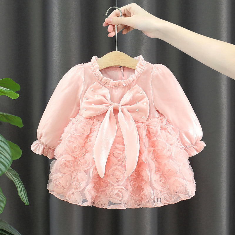 Pink Rosette Pearl Bow Long Sleeve Frock – TYM-WZX-065