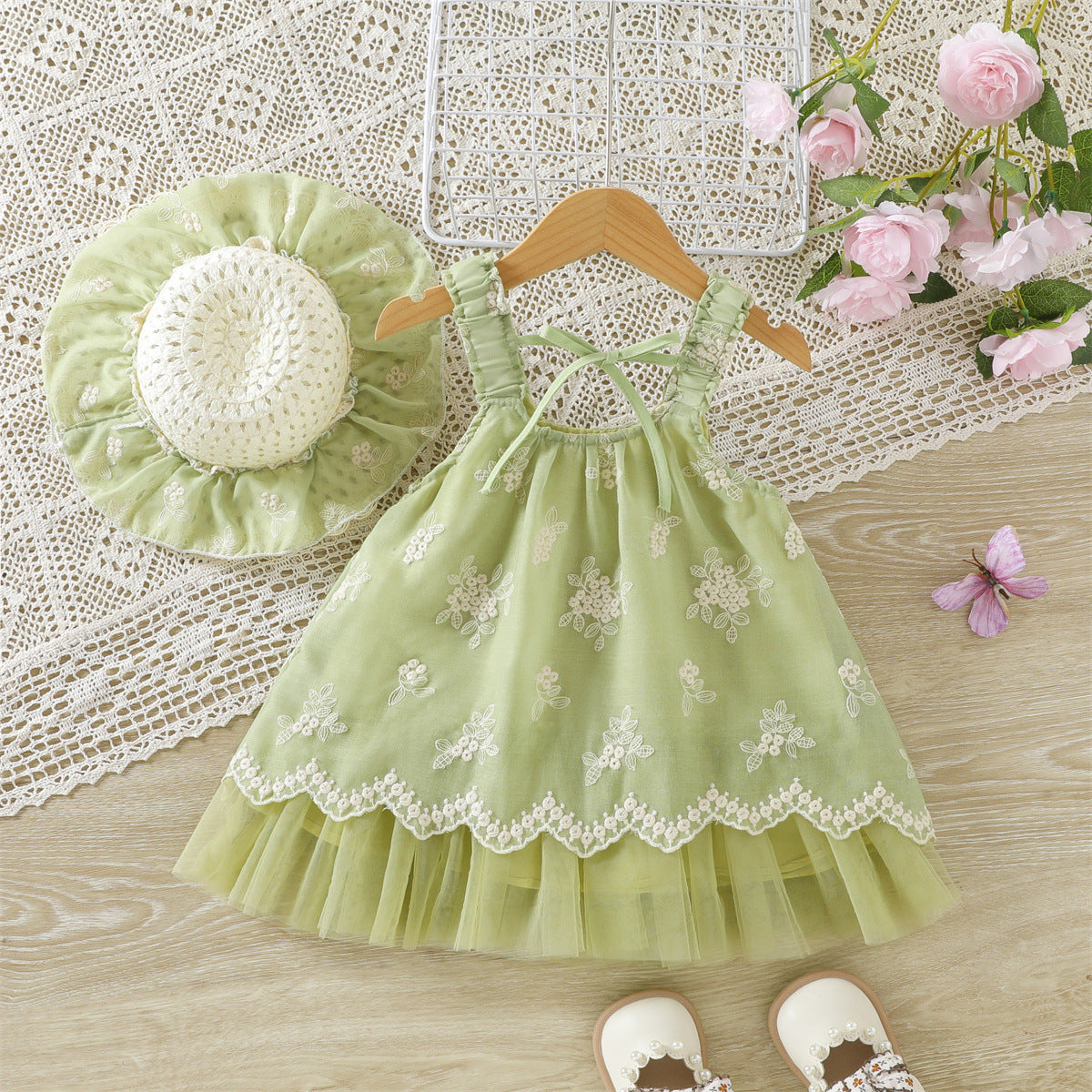 Sage Green Floral Embroidered Tulle Hem Sundress – TYM-WZX-030