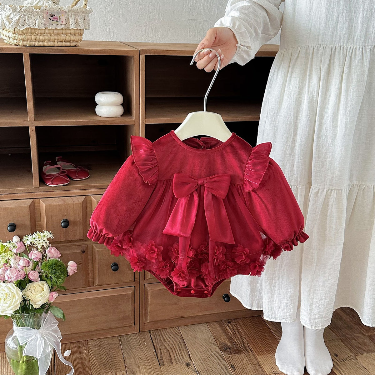 Red Rosette Bow Long Sleeve Romper – TYM-FCN-002