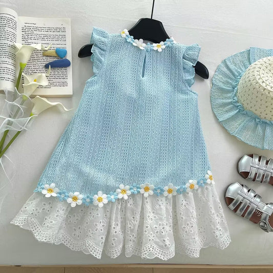 Sky Blue Daisy Trim Eyelet Hem Frock – TYM-YWL-037