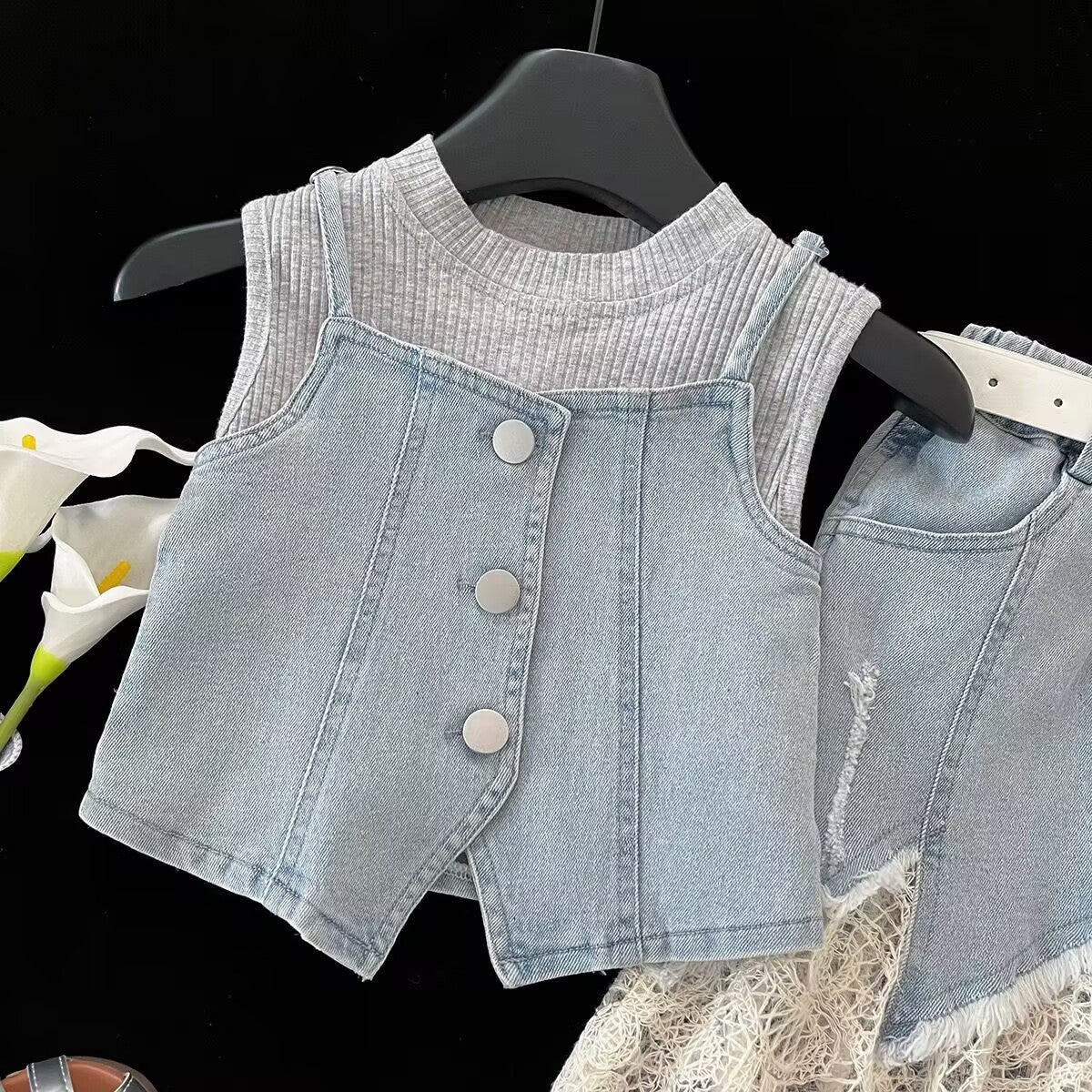 Grey Tank, Denim-Look Vest and Lace Skirt Set – TYM-YWL-029