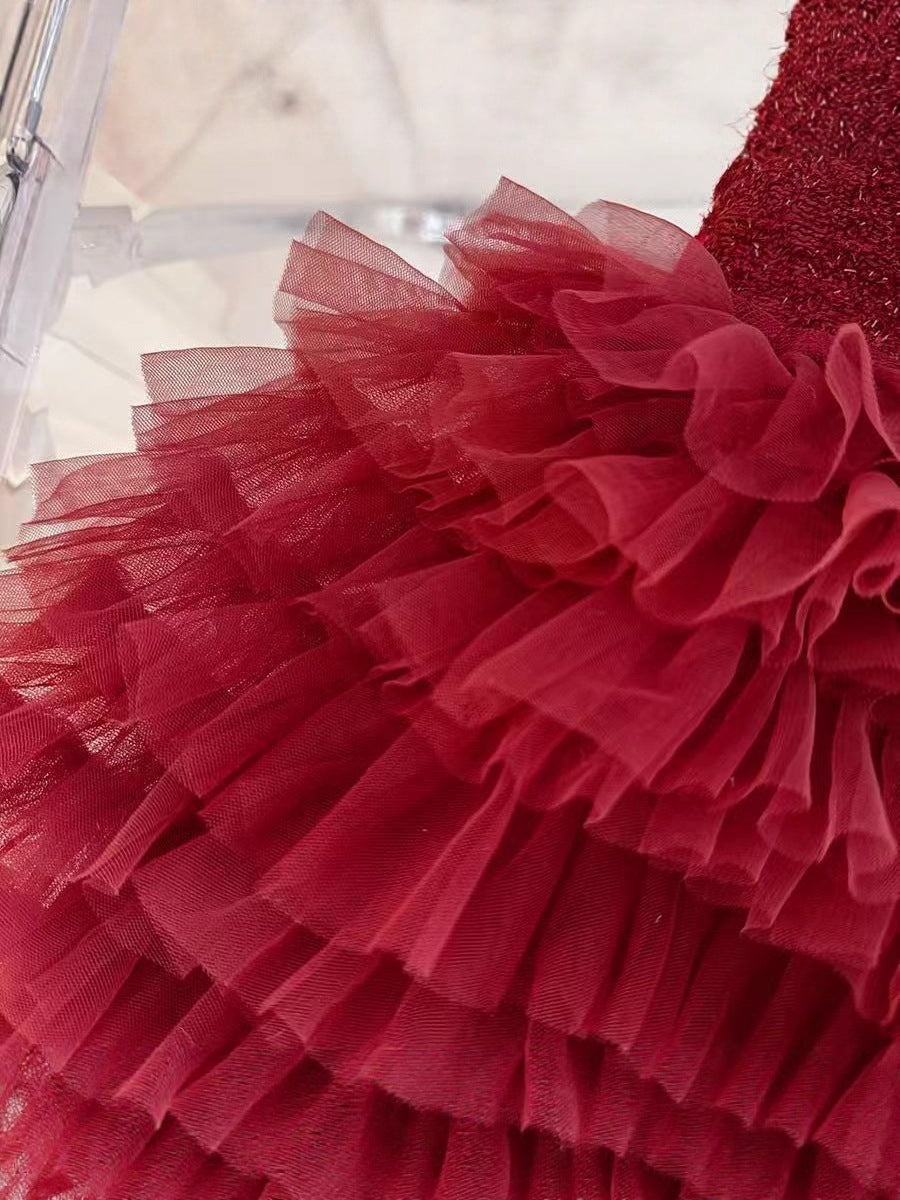 Red Glitter Bow Tiered Tulle Frock – TYM-CXM-084