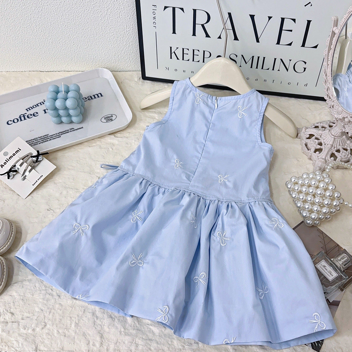 Sky Blue Bow Embroidered Sleeveless Frock – TYM-YWL-005