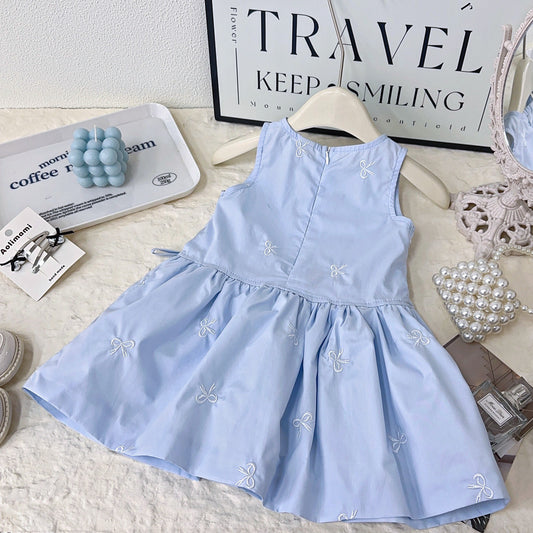 Sky Blue Bow Embroidered Sleeveless Frock – TYM-YWL-005