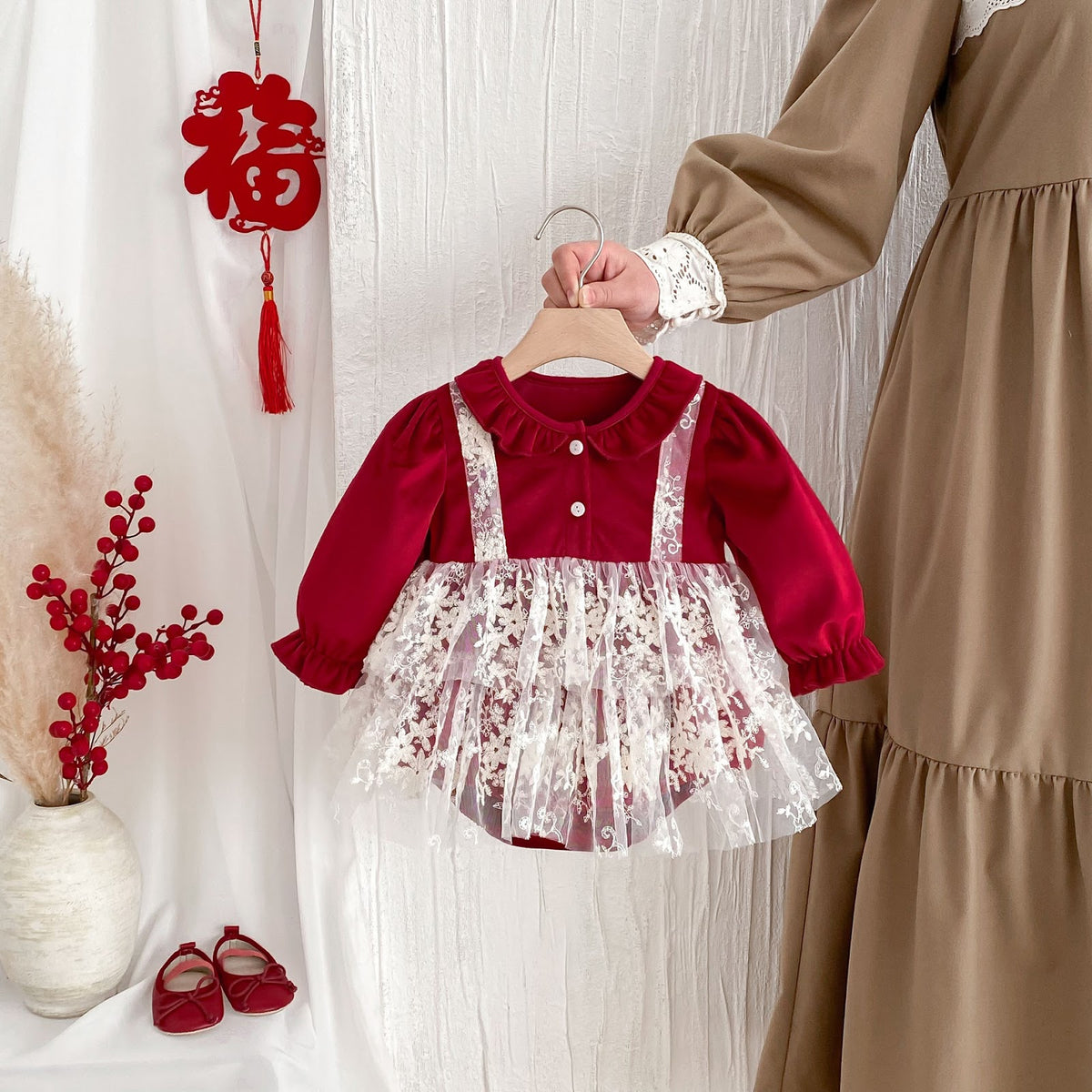 Red Velvet Lace Pinafore Romper – TYM-FCN-004