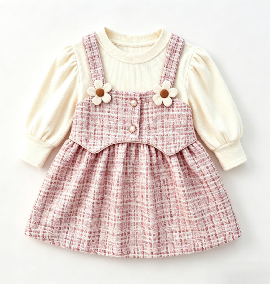 Pink Tweed Pinafore Flower Frock – TYM-CXM-039
