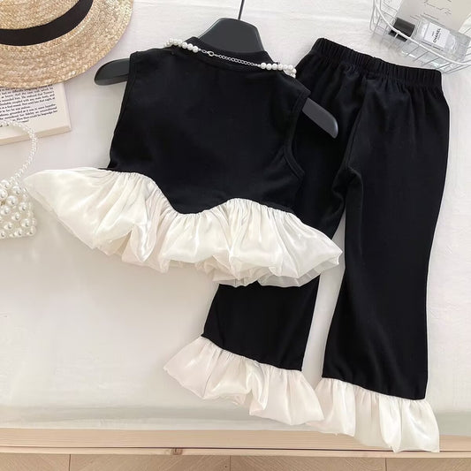 Black and White Ruffle Top and Flared Pants Set – TYM-YWL-004