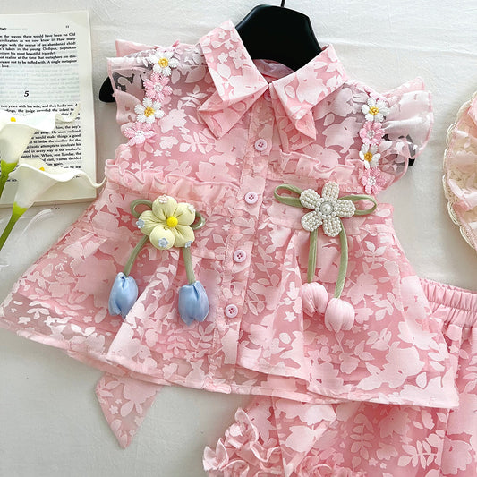Pink Floral Jacquard Top & Ruffle Shorts Set – TYM-WOP-002