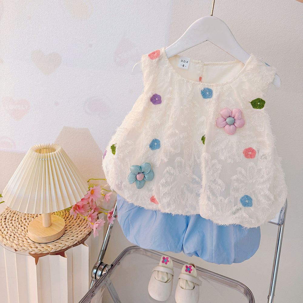 White Flower Appliqué Top and Blue Bubble Shorts Set – TYM-WTC-001