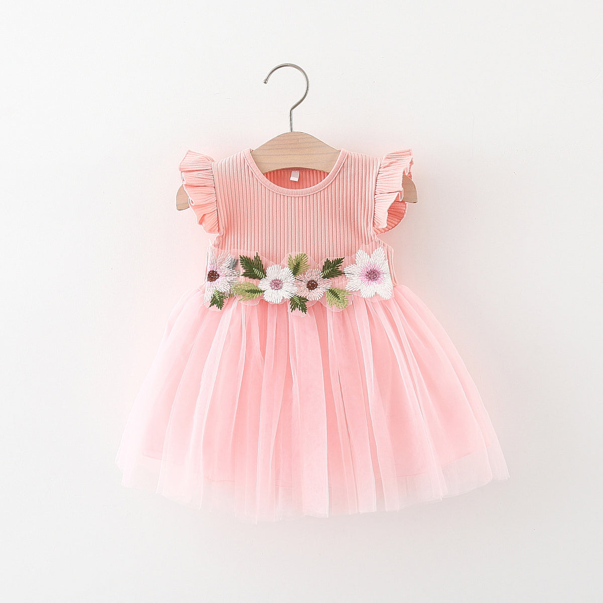 Pink Ribbed Flutter Sleeve Tulle Frock – TYM-TZO-008