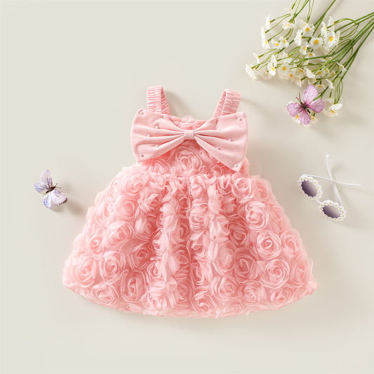 Pink 3D Rosette Pearl Bow Party Frock – TYM-WZX-032