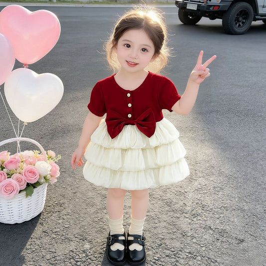 Wine Red & Cream Bow Tiered Frock – TYM-CXM-053