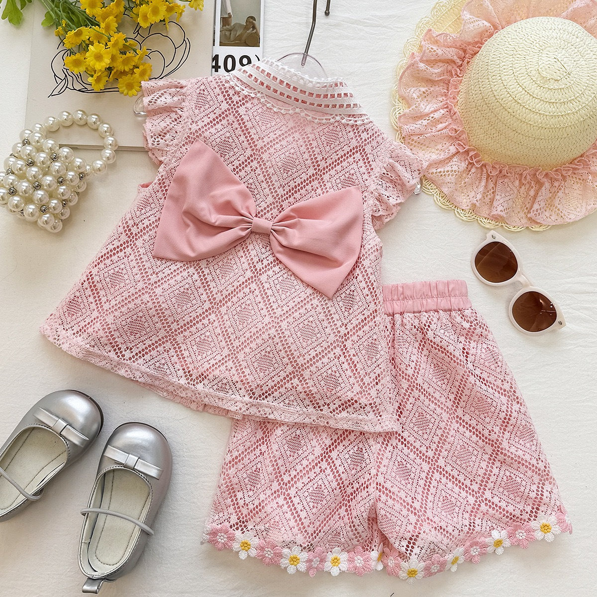 Pink Diamond Lace Big Bow Top and Shorts Set – TYM-YWL-042
