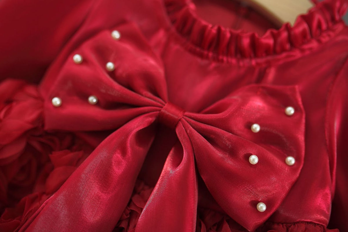 Red Rosette Pearl Bow Long Sleeve Frock – TYM-WZX-064