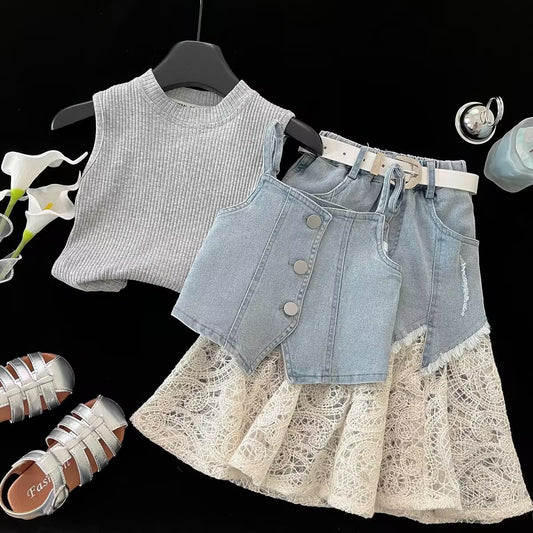 Grey Tank, Denim-Look Vest and Lace Skirt Set – TYM-YWL-029