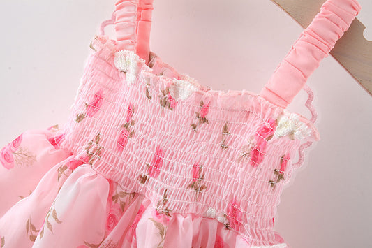 Pink Rose Print Smocked Sundress – TYM-WZX-015