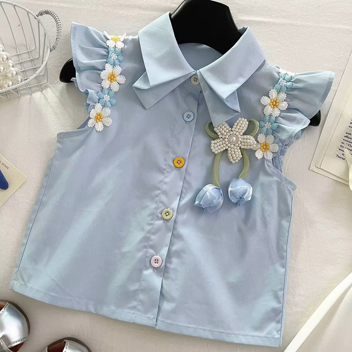 Blue Daisy Trim Shirt and Pleated Skirt Set – TYM-YWL-031