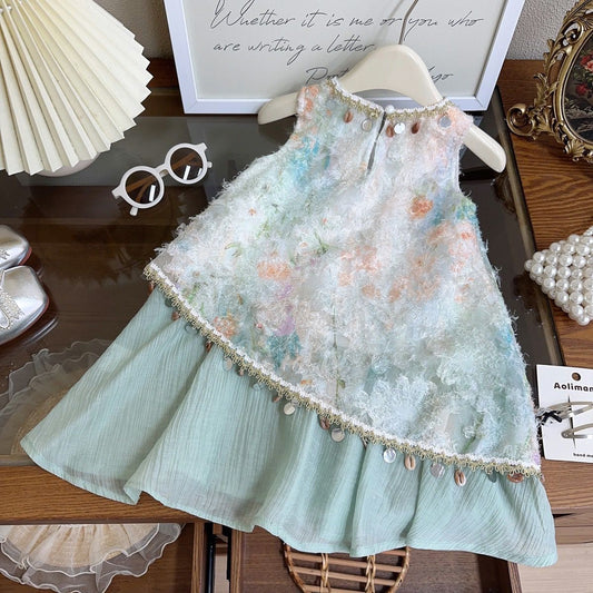 Mint Pastel Floral Textured Shell Trim Frock – TYM-YWL-061