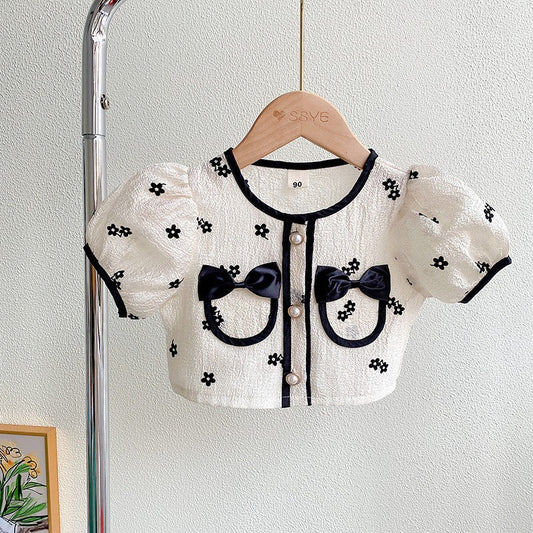 Cream Black Flower Bow Pocket Puff Sleeve Top – TYM-YWL-056