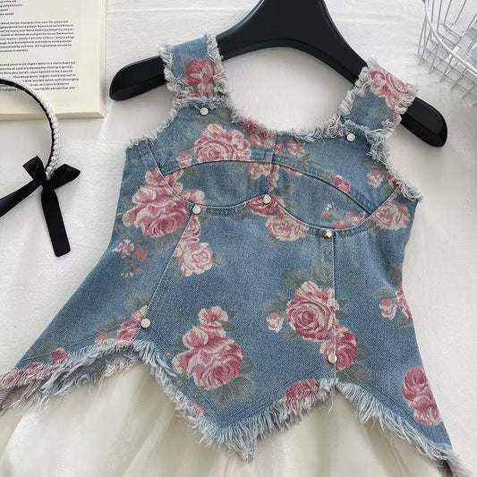 Blue Rose Print Frayed Denim-Look Vest Top – TYM-YWL-038