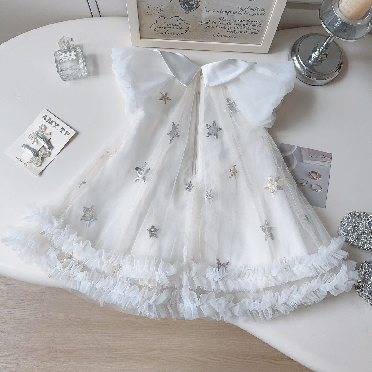 White Silver Star Tulle Ruffle Party Frock – TYM-YWL-040