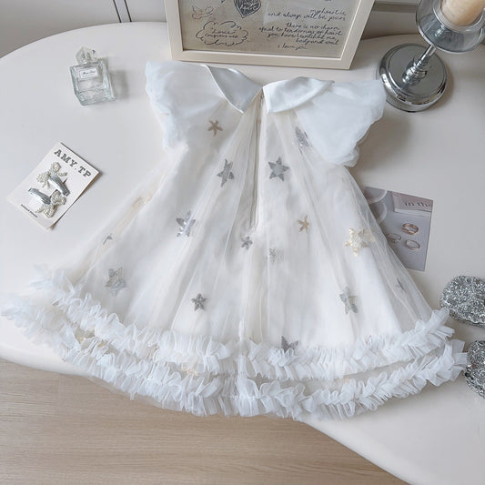 White Silver Star Tulle Ruffle Party Frock – TYM-YWL-040