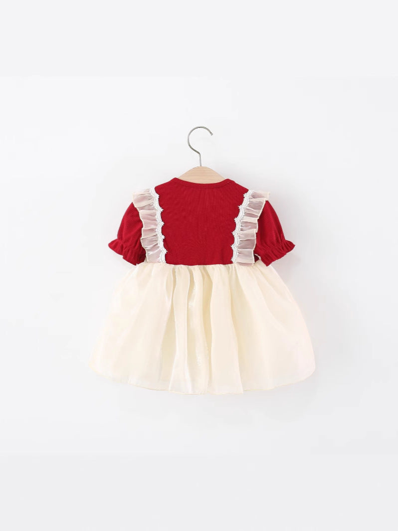 Red and Cream Ruffle Trim Puff Sleeve Frock – TYM-WZX-045