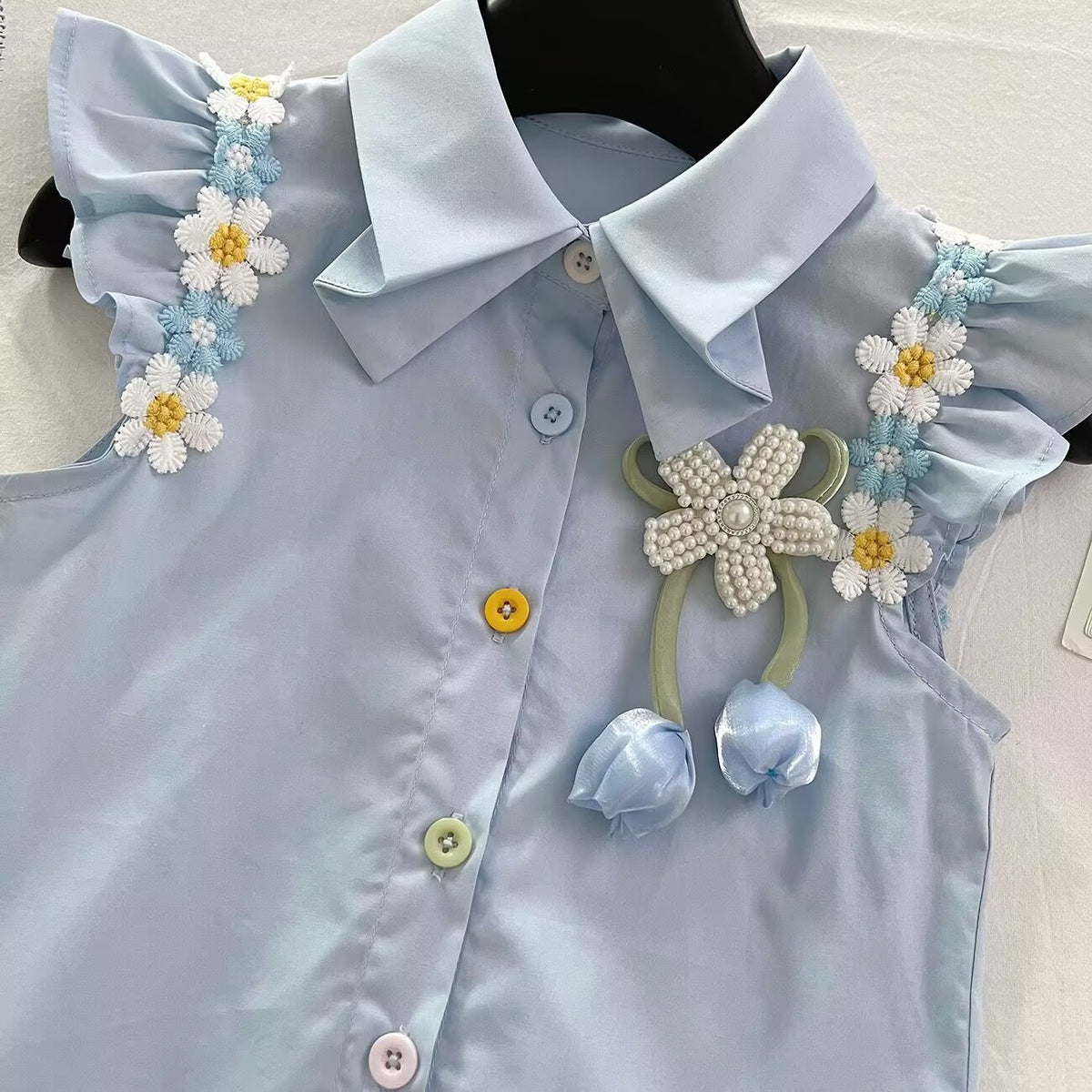 Blue Daisy Trim Shirt and Pleated Skirt Set – TYM-YWL-031