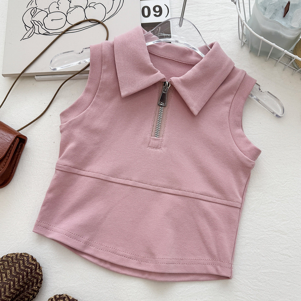 Dusty Pink Half-Zip Collar Sleeveless Top – TYM-YWL-025