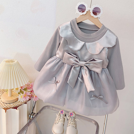 Silver Grey Petal Collar Satin Bow Bubble Frock – TYM-CXM-068